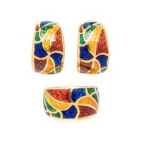 YELLOW GOLD AND ENAMEL EARRINGS AND RING