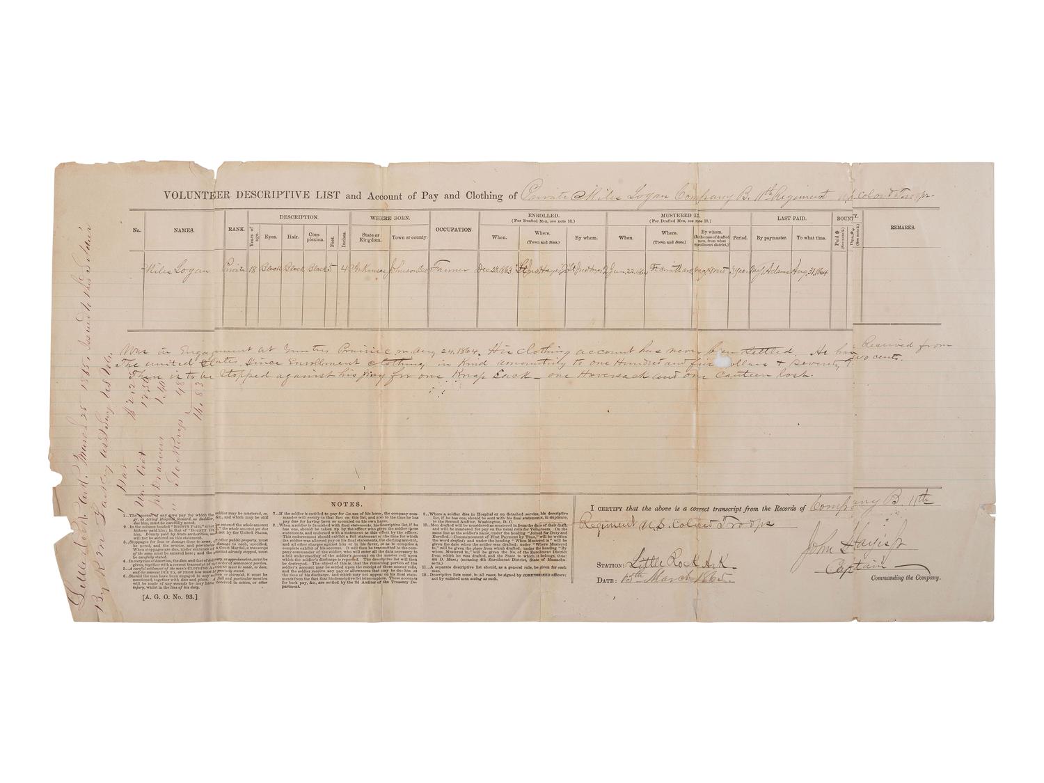 [CIVIL WAR]. Pay Voucher for Private Miles Logan of the 11th Regiment US Colored Troops.