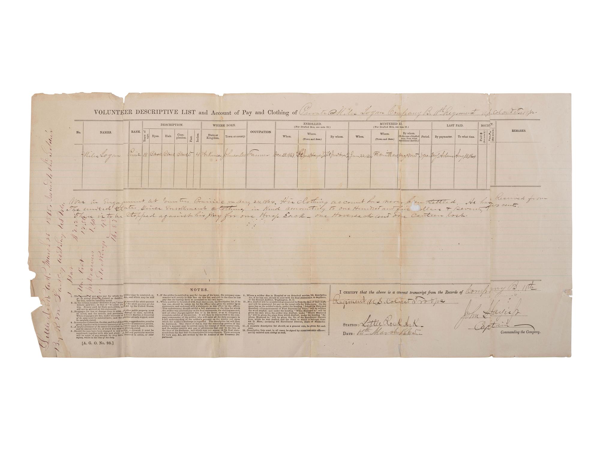 [CIVIL WAR]. Pay Voucher for Private Miles Logan of the 11th Regiment US Colored Troops.