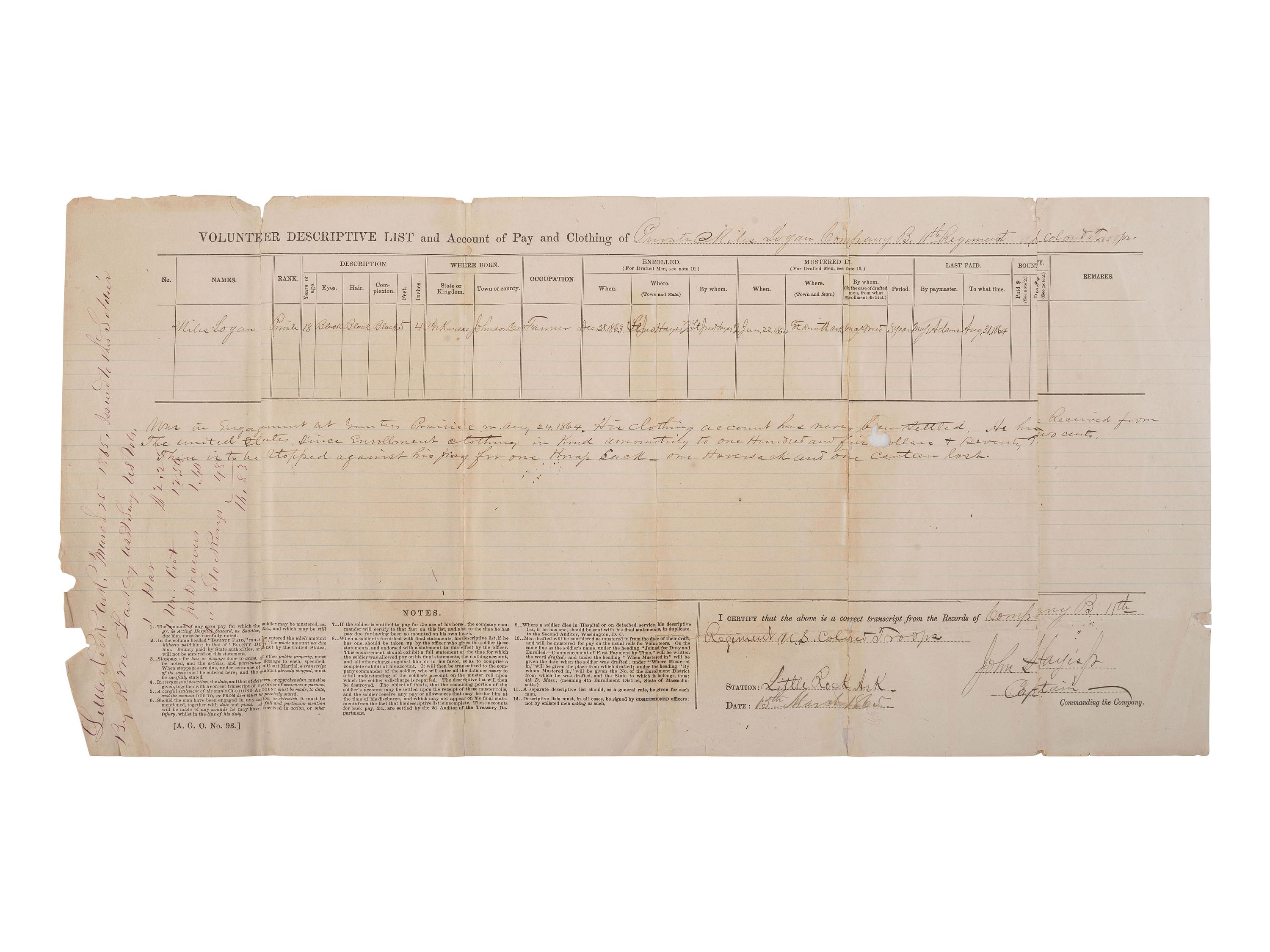 [CIVIL WAR]. Pay Voucher for Private Miles Logan of the 11th Regiment US Colored Troops.