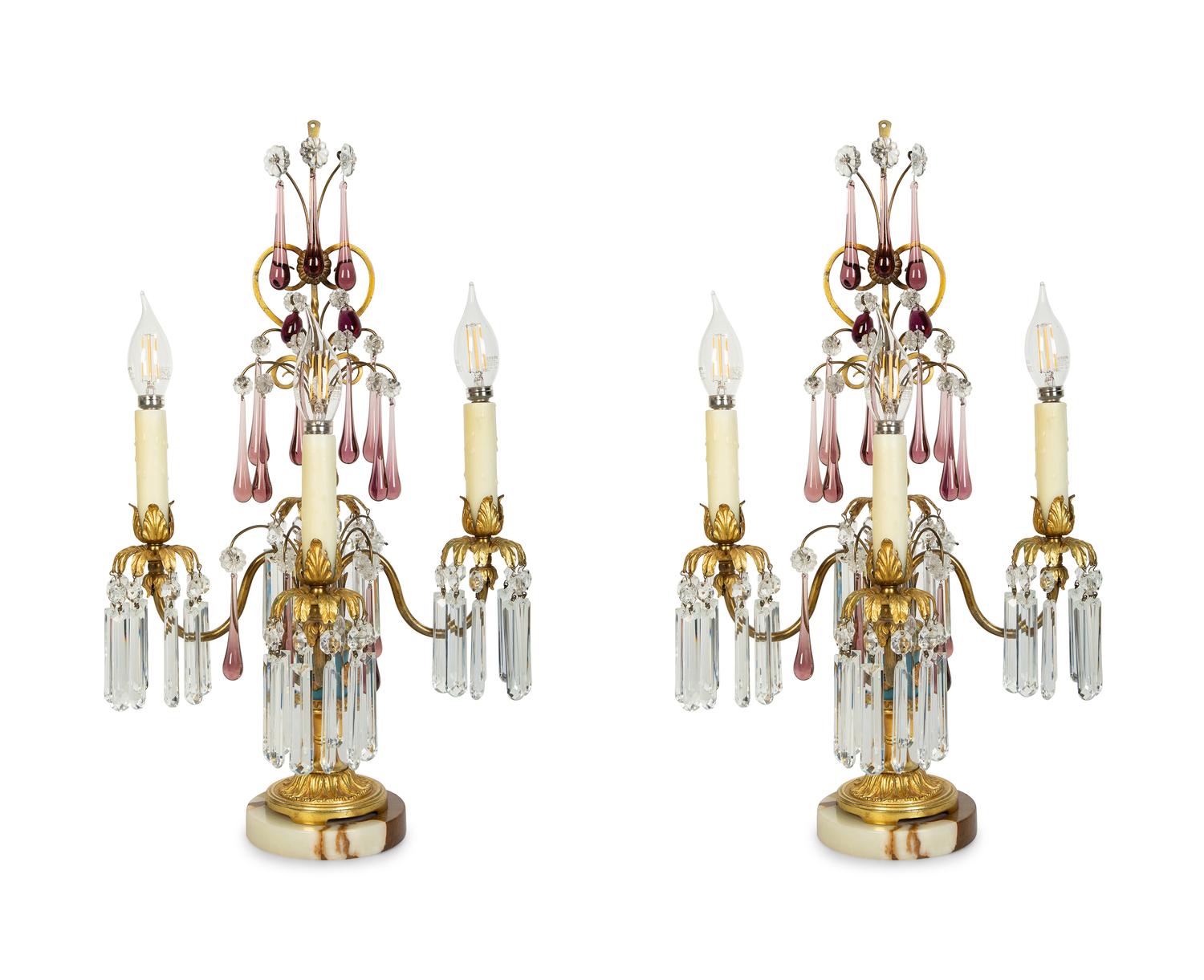 A Pair of Italian Gilt Bronze and Glass Three-Light Candelabra