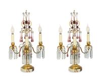 A Pair of Italian Gilt Bronze and Glass Three-Light Candelabra