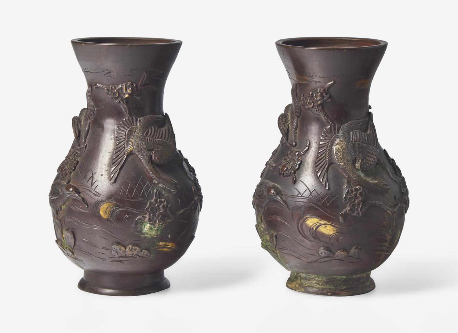 A Pair of Japanese Patinated Bronze Vases