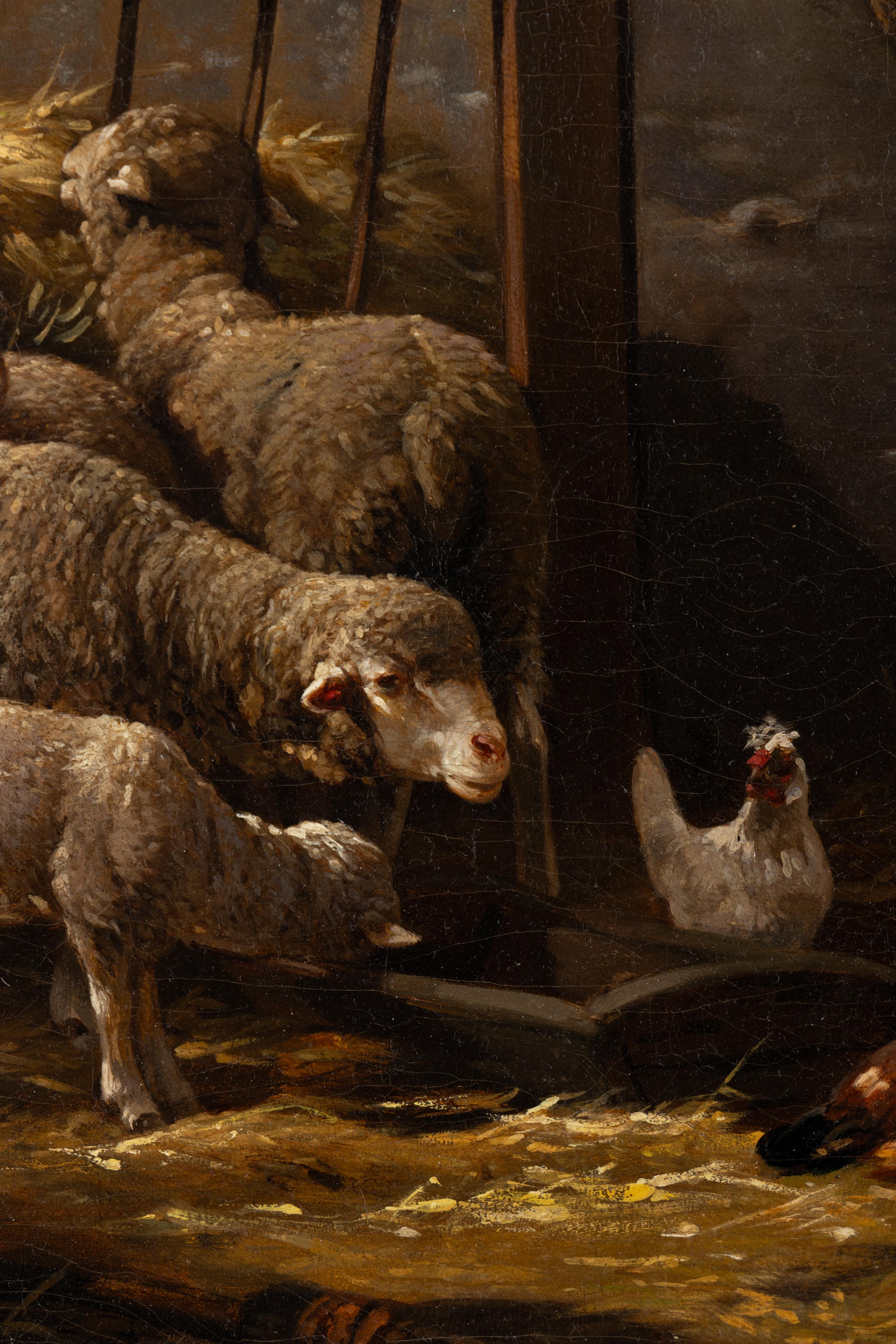 Charles Émile Jacque (French, 1813-1894) — Barn Interior with Sheep and Chickens