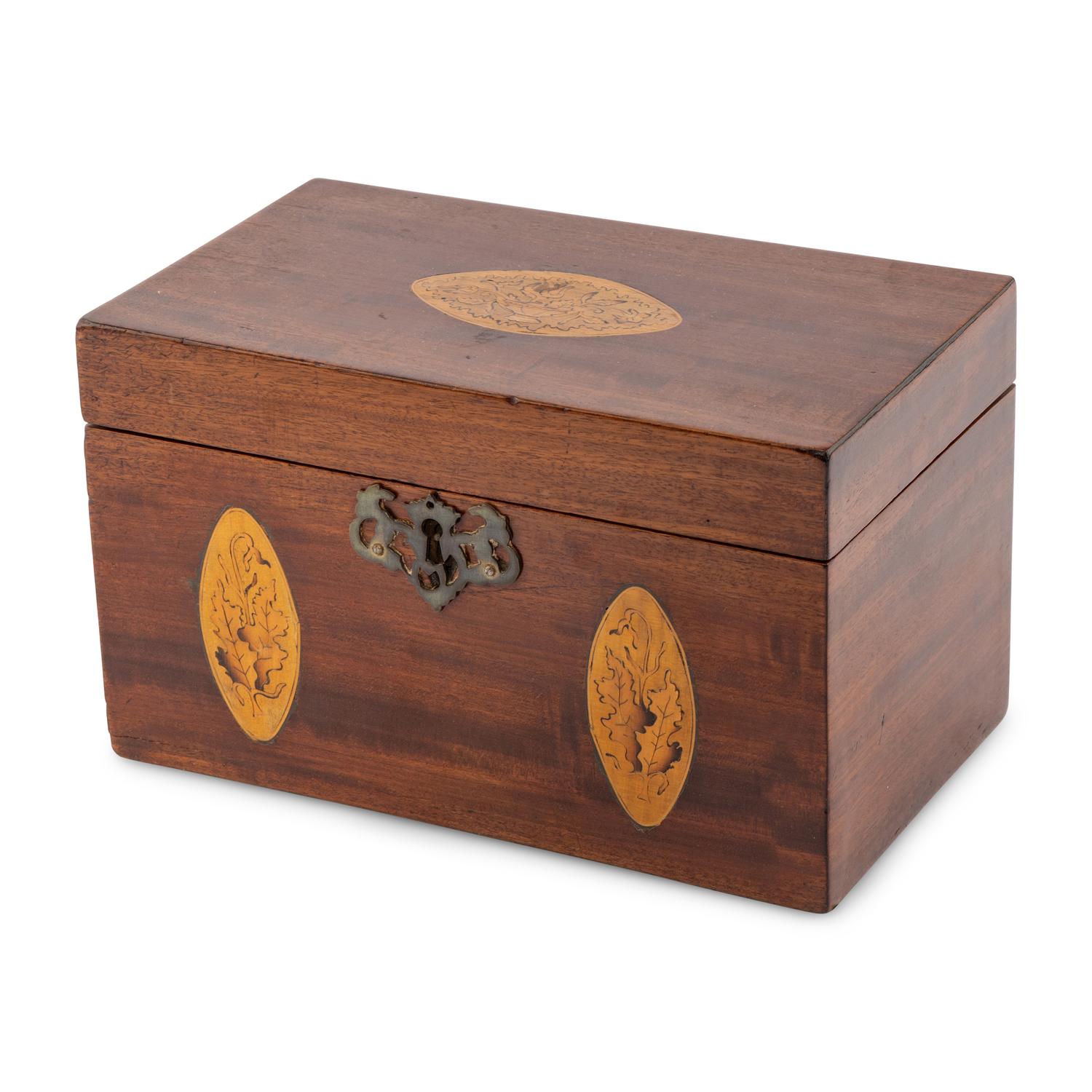 An English Mahogany and Marquetry Tea Caddy