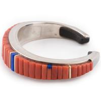 Silver, Coral, Lapis, and Ironwood Cuff Bracelet, with Gold Accents