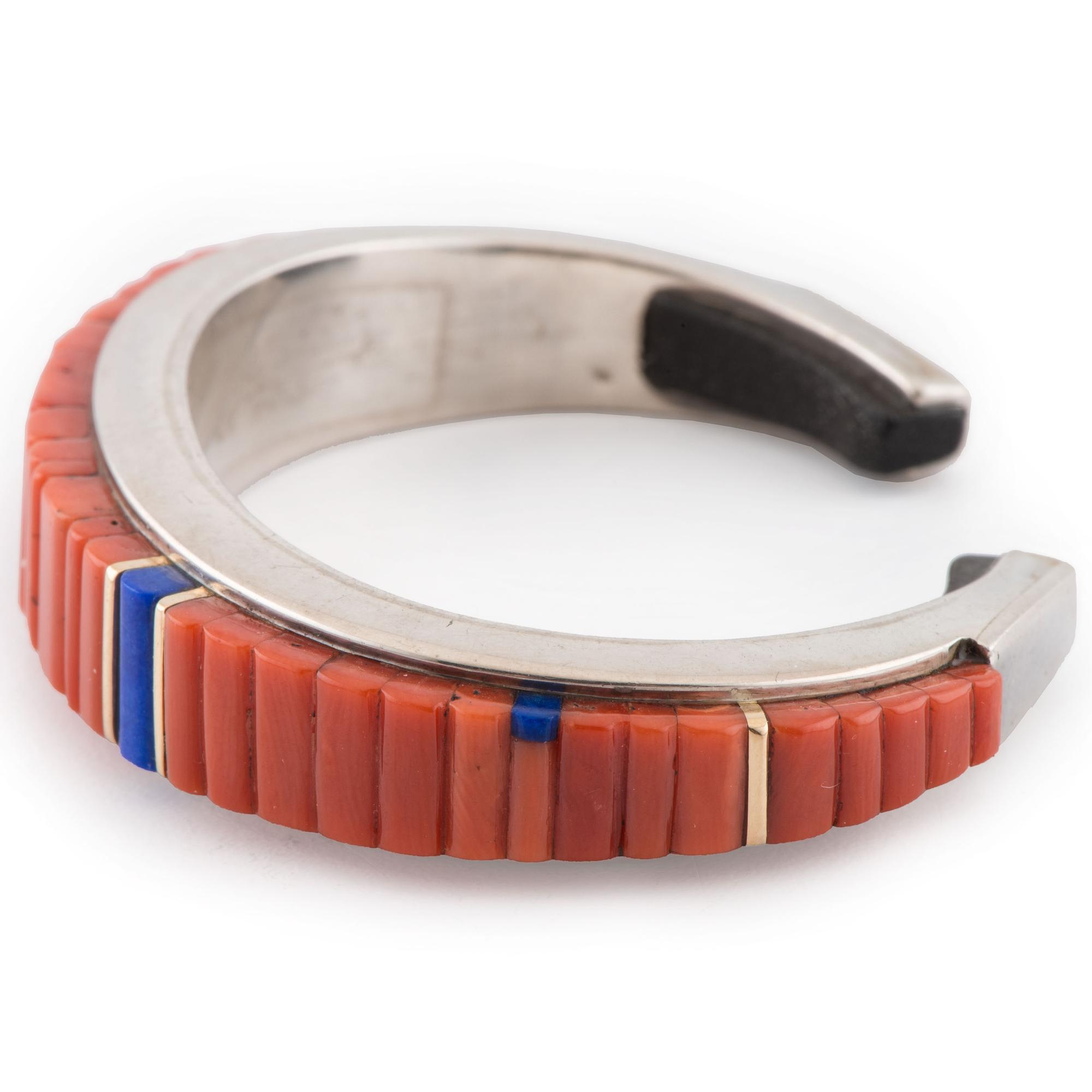Silver, Coral, Lapis, and Ironwood Cuff Bracelet, with Gold Accents