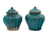 A Pair of Chinese Turquoise Glazed Stoneware Covered Jars