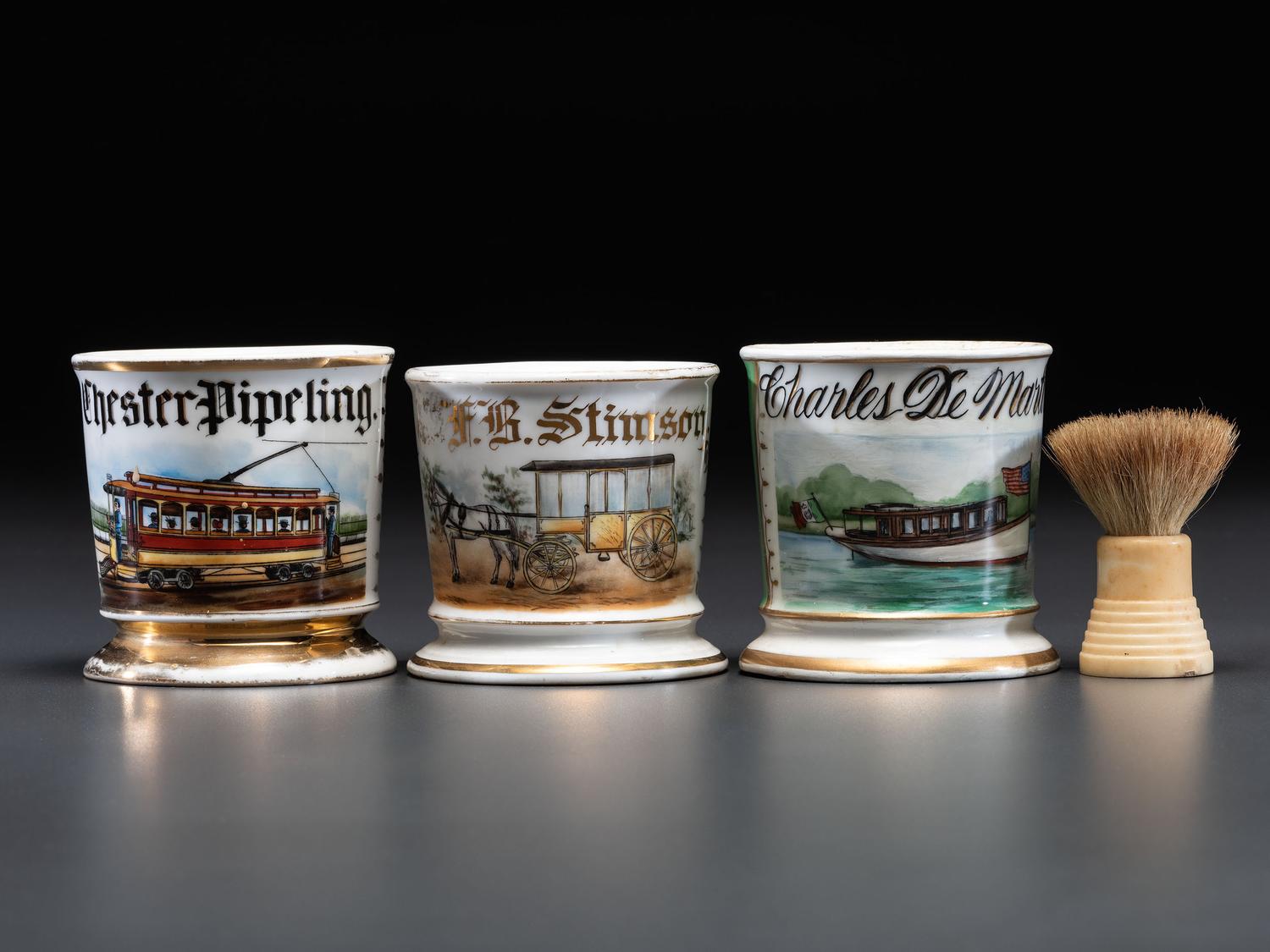 Three Transportation Related Porcelain Occupational Shaving Mugs