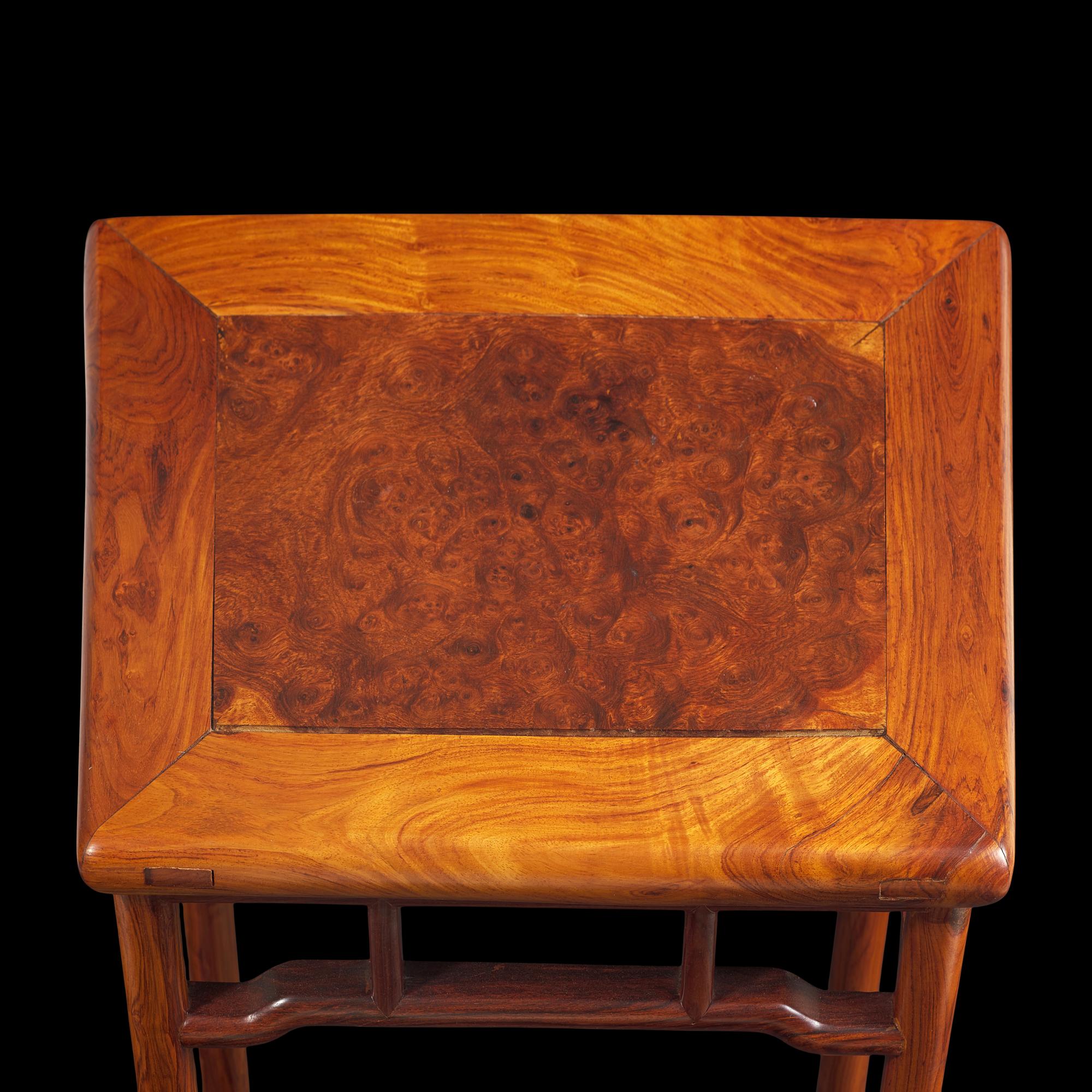 A Chinese Hardwood, Probably Huanghuali, and Burlwood Incense Stand, Xiangji , 20th Century 二十世紀 或黃花梨嵌癭木香几