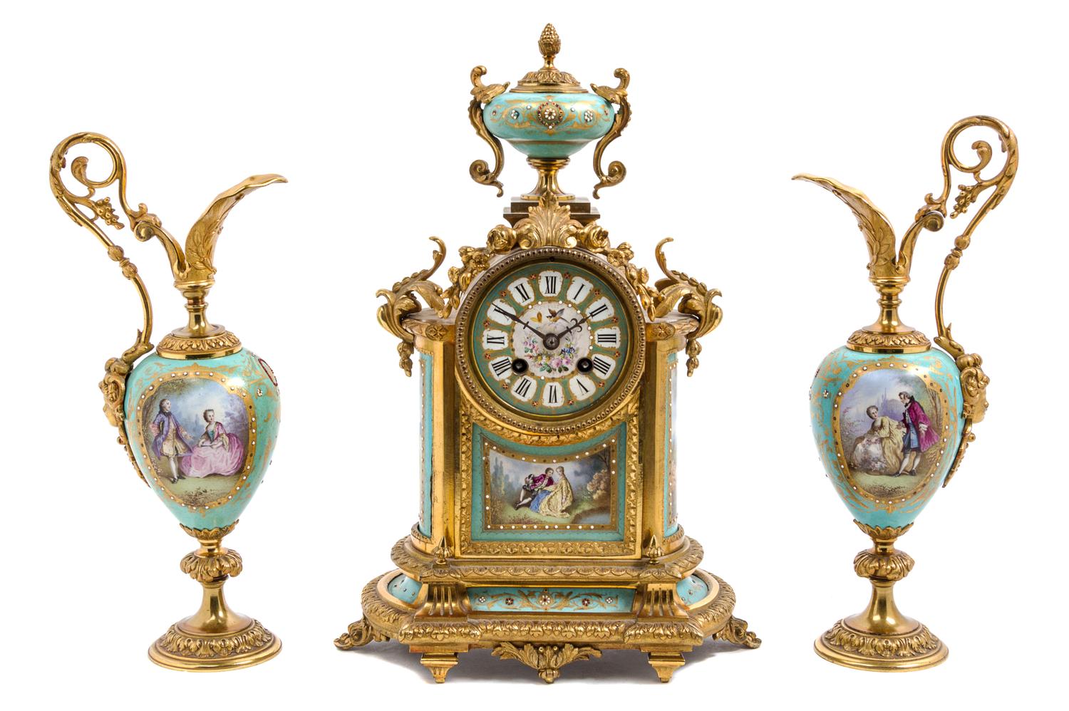 A French Gilt Bronze and Sevres Style Porcelain Clock Garniture Height of clock 14 3/4 inches. — 19TH CENTURY