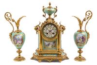 A French Gilt Bronze and Sevres Style Porcelain Clock Garniture Height of clock 14 3/4 inches. — 19TH CENTURY