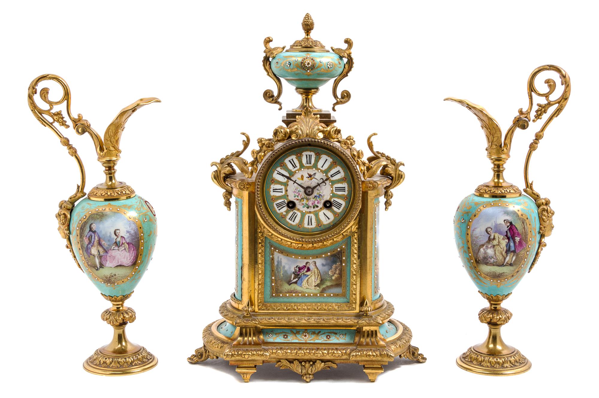 A French Gilt Bronze and Sevres Style Porcelain Clock Garniture Height of clock 14 3/4 inches. — 19TH CENTURY