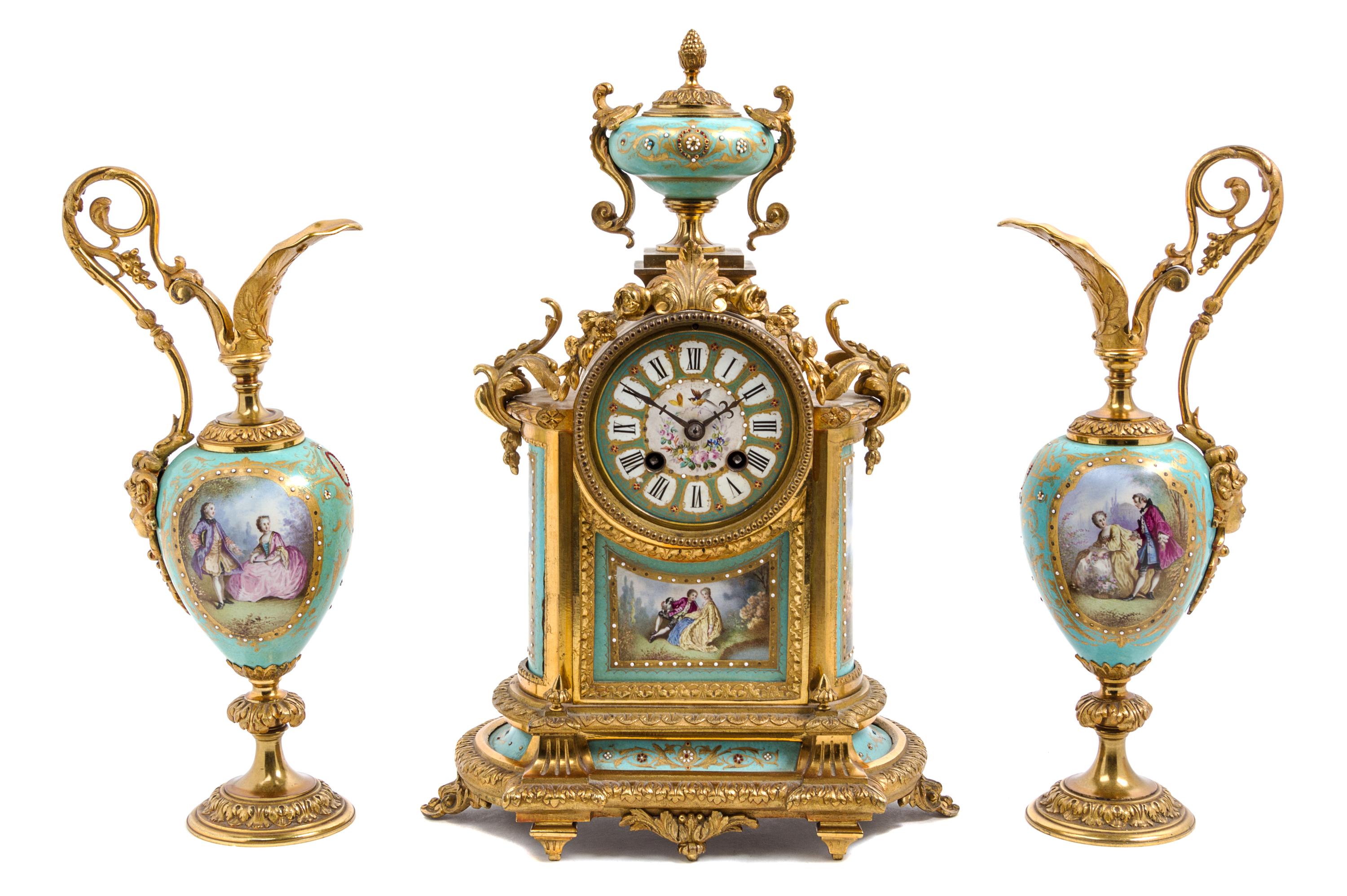 A French Gilt Bronze and Sevres Style Porcelain Clock Garniture Height of clock 14 3/4 inches. — 19TH CENTURY