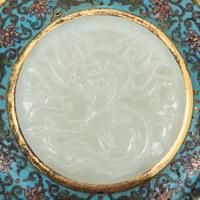 A Jade Inset Cloisonne Enamel Box and Cover Height 2 1/2 x width 4 3/4 inches.