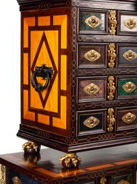 A Flemish Baroque Style Gilt Bronze Mounted Marquetry and Specimen Semi-Precious Stone Collector’s Cabinet on Stand
