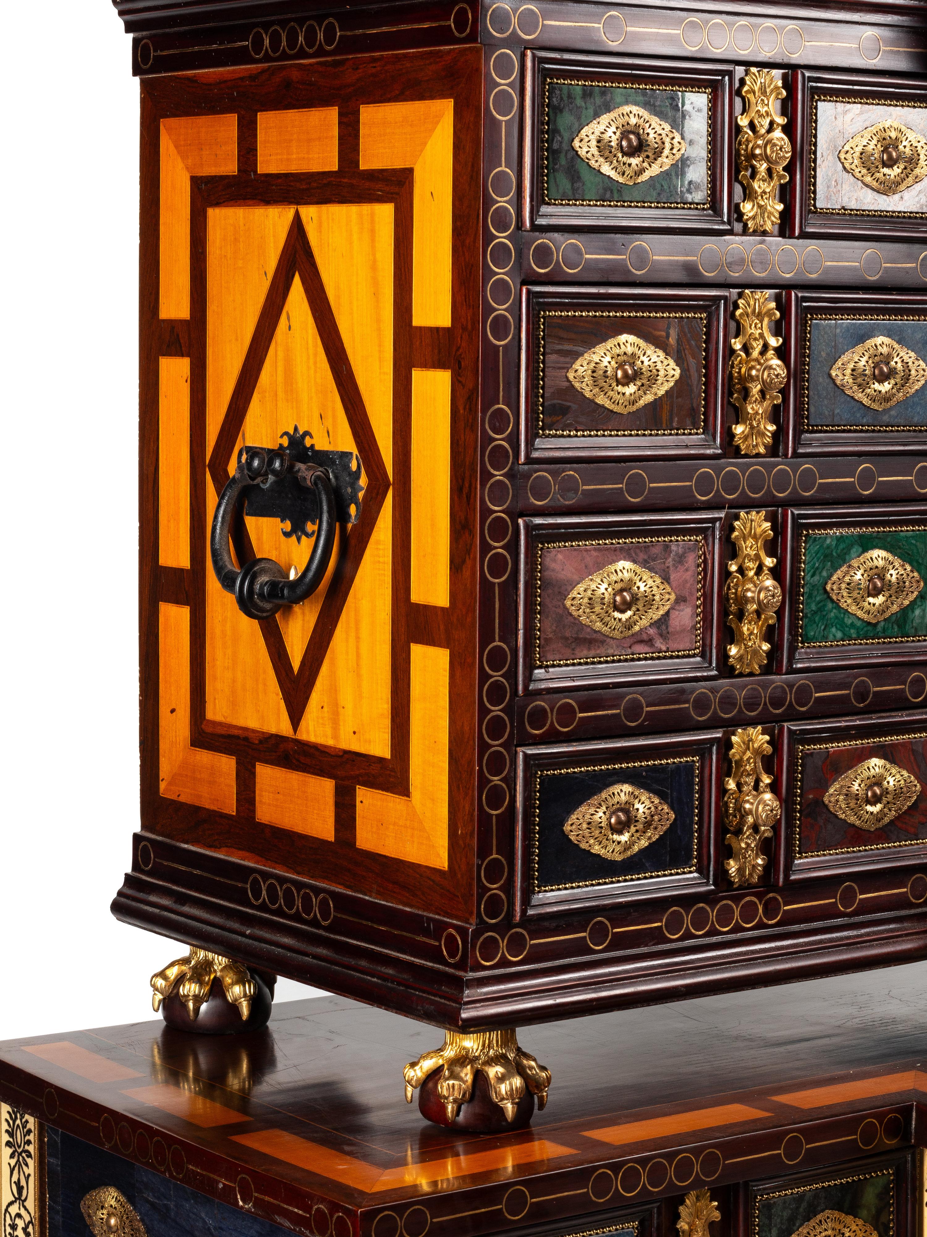A Flemish Baroque Style Gilt Bronze Mounted Marquetry and Specimen Semi-Precious Stone Collector’s Cabinet on Stand