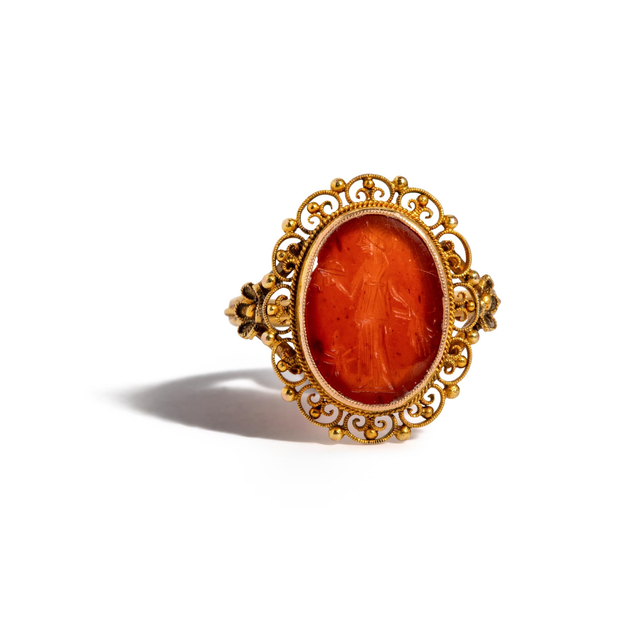 A Roman Carnelian Ring Stone with the Goddess Ceres — Set in a Victorian gold ring