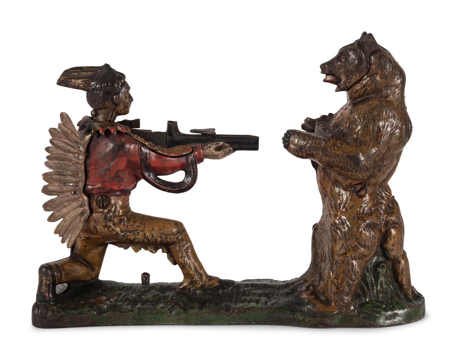 A J. & E. Stevens Indian and Bear Cast Iron Bank