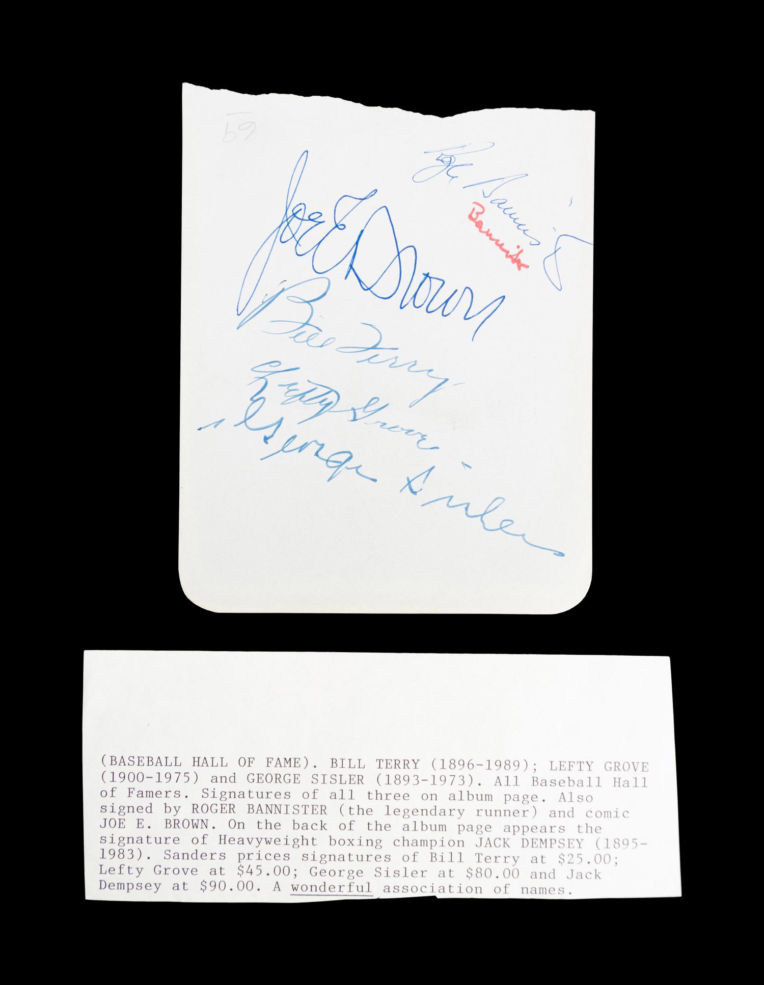 A Multi-Signed Cut Autograph Album Page Featuring Baseball Hall of Famers Lefty Grove, George Sisler, Bill Terry, Heavyweight Boxing Champion Jack Dempsey and Runner Roger Bannister.