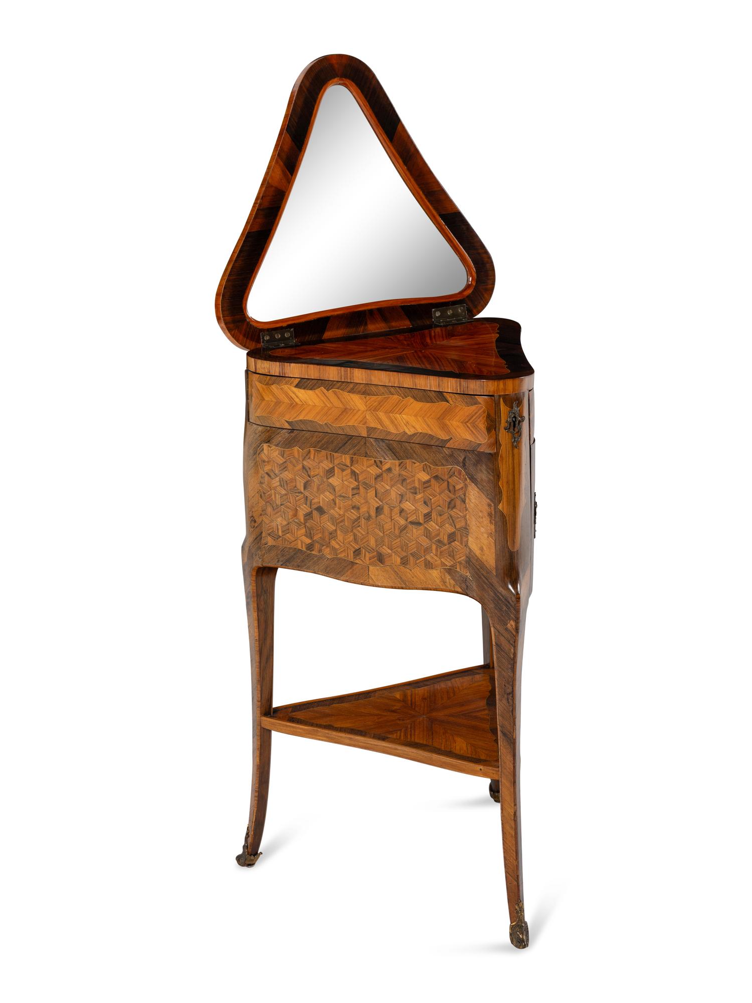 A Louis XV/XVI Transitional Style Parquetry Triangular Poudreuse Mechanique