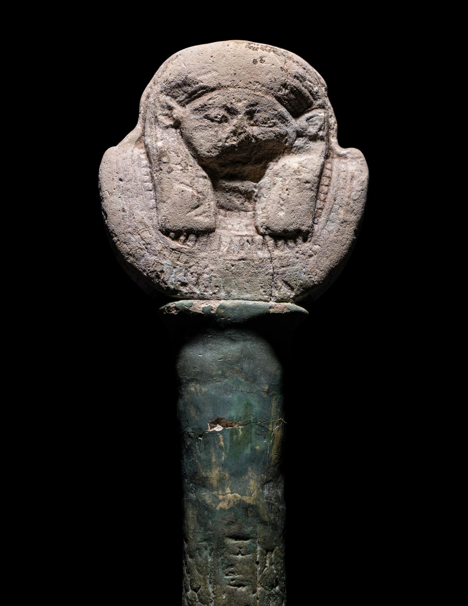 An Egyptian Faience Sistrum Handle with Hathor
