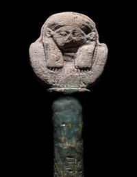 An Egyptian Faience Sistrum Handle with Hathor