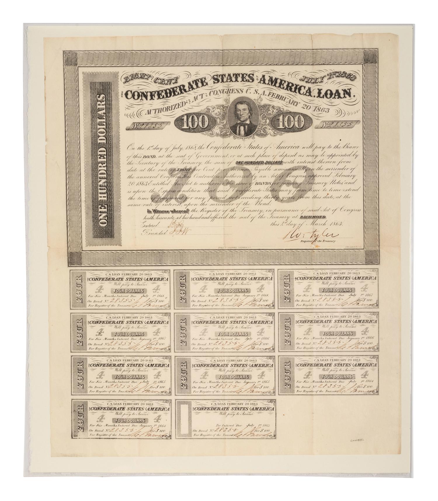 [CIVIL WAR]. Confederate currency notes incl. one hundred dollar bond sheet.