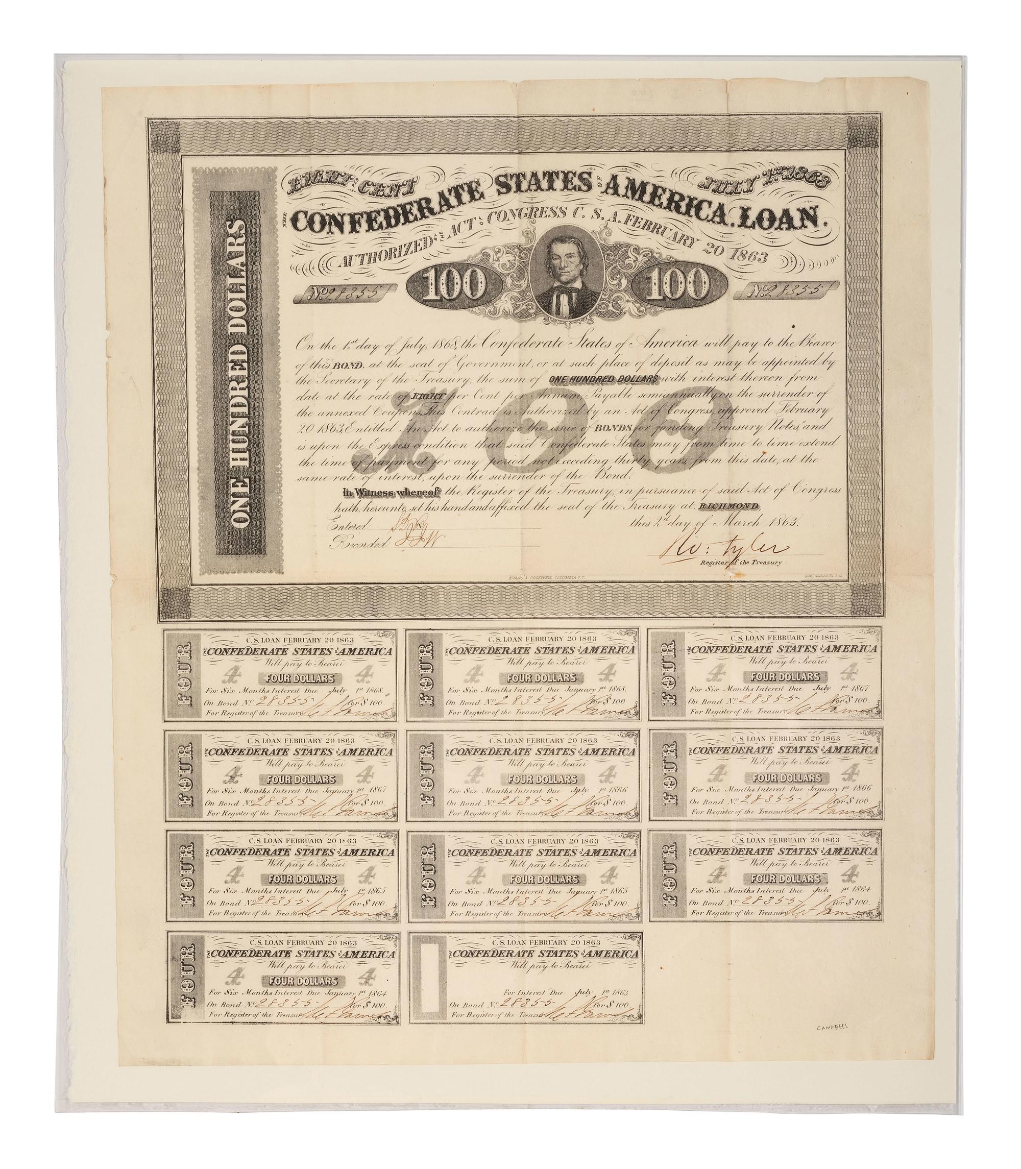 [CIVIL WAR]. Confederate currency notes incl. one hundred dollar bond sheet.