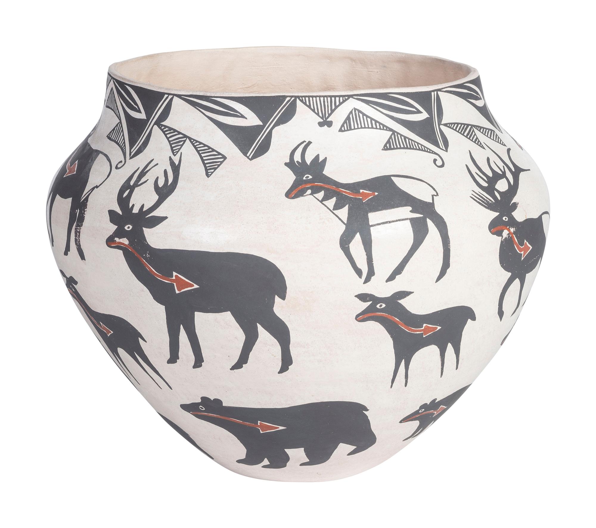 Pottery Jar, with Heartline Elk, Deer, and Bears