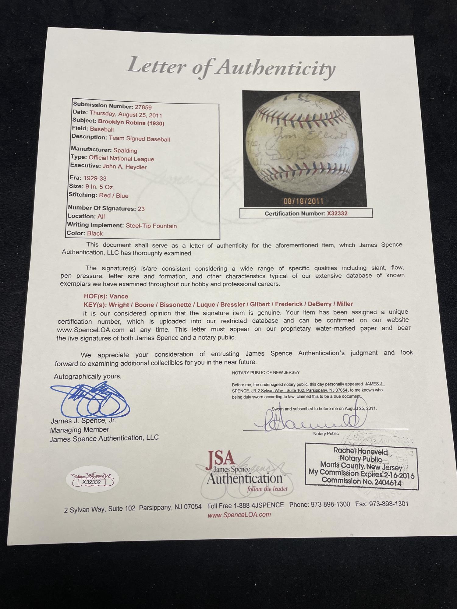 A 1930 Brooklyn Robins Team Signed Autograph Baseball (JSA, Beckett Authentication Services Letters of Authenticity)