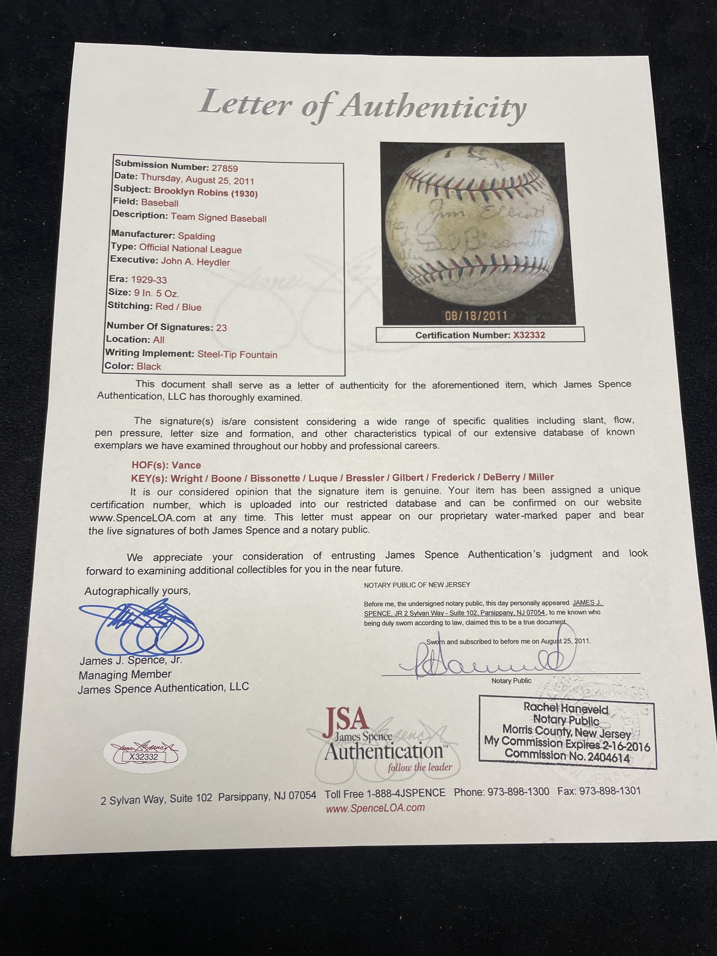 A 1930 Brooklyn Robins Team Signed Autograph Baseball (JSA, Beckett Authentication Services Letters of Authenticity)