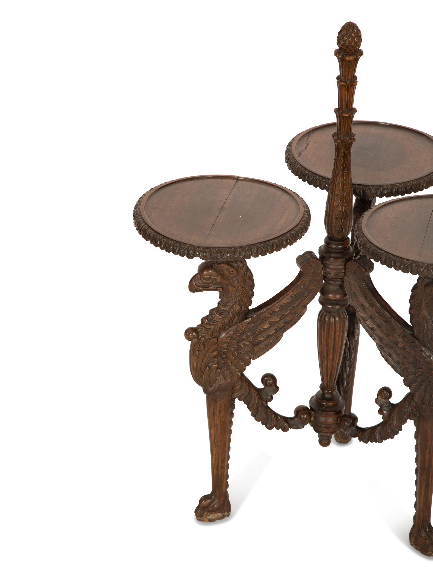 An Unusual English Carved Walnut Three-Part Stand
