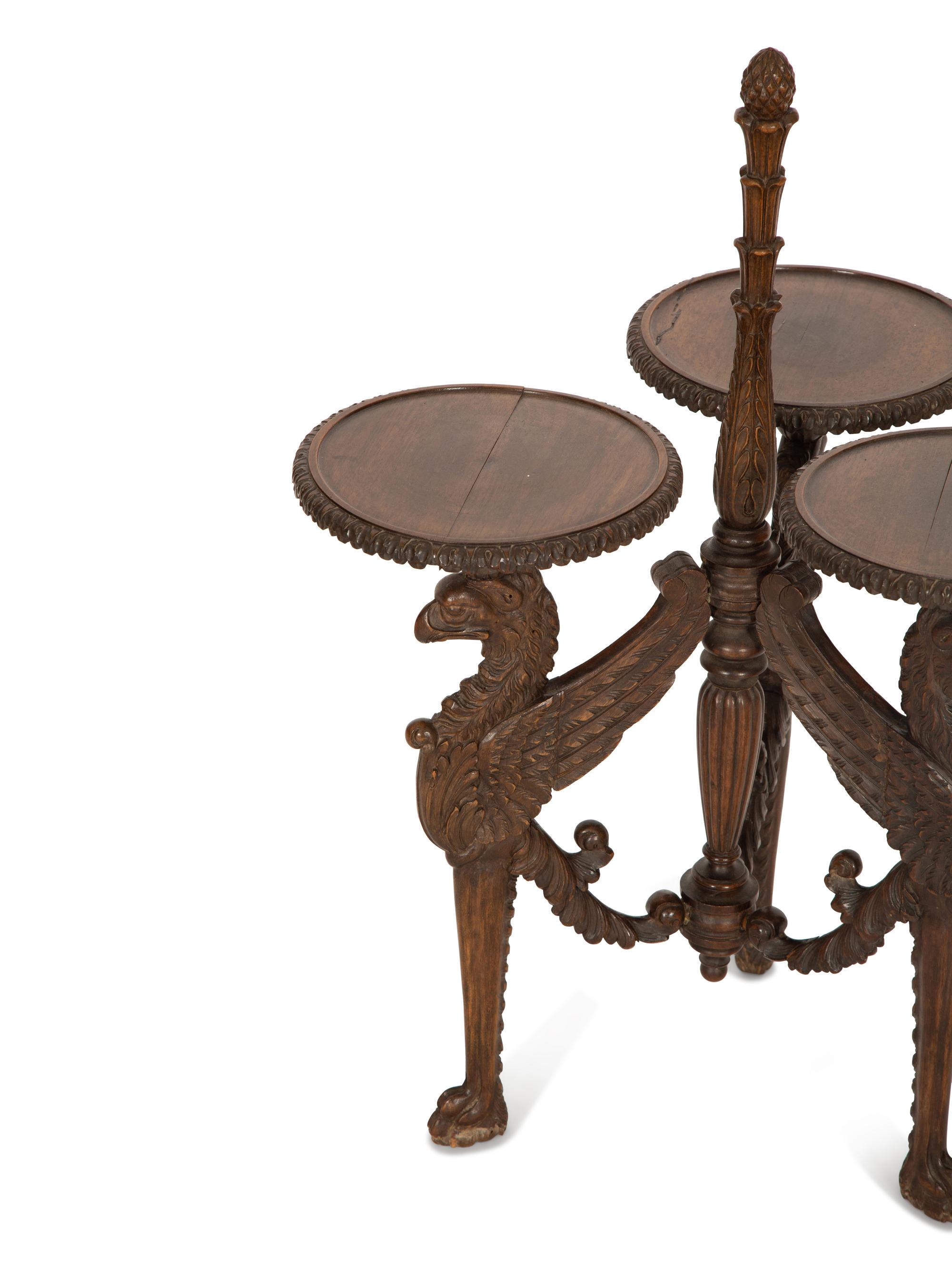 An Unusual English Carved Walnut Three-Part Stand