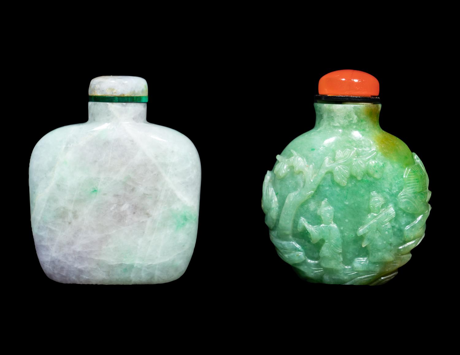 Two Chinese Carved Jadeite Snuff Bottles