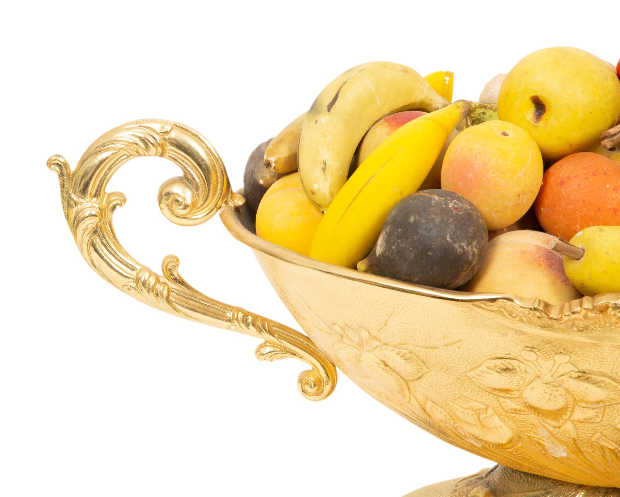 An Italian Gilt Metal Centerpiece Bowl with Hardstone Fruit