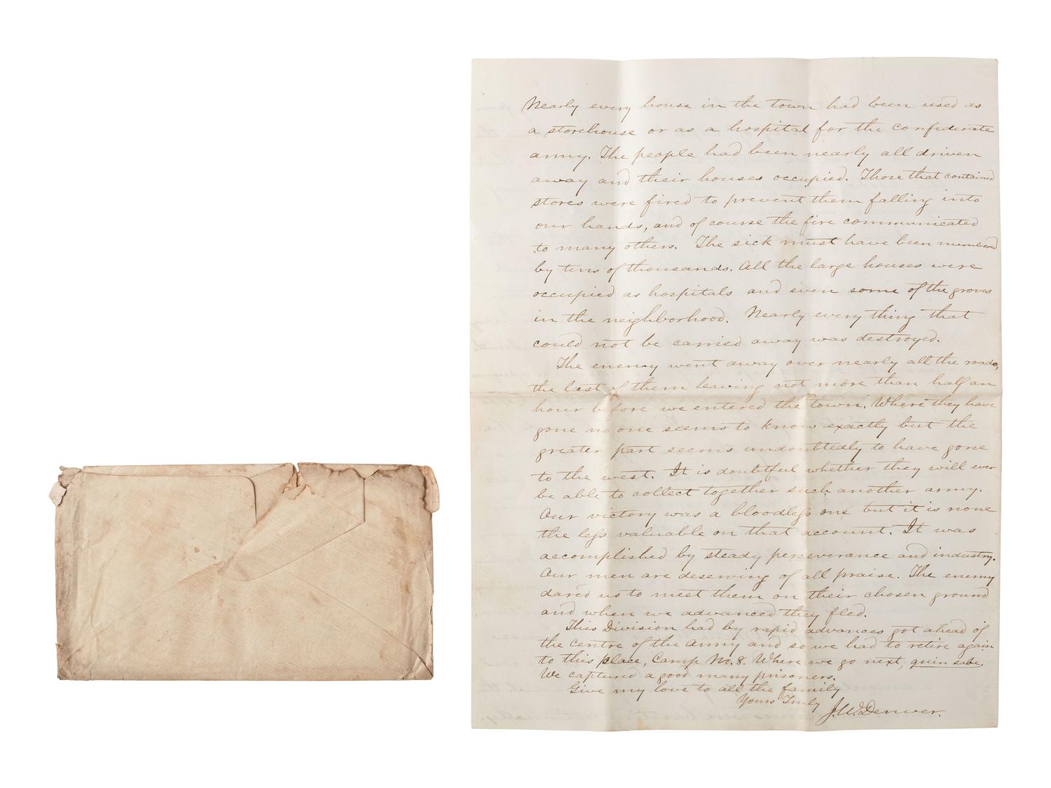 [CIVIL WAR]. DENVER, James W. (1817-1892). Autograph letter signed ("J.W. Denver") as brigadier general, describing the May 1862 siege and battle of Corinth. "Camp No. 8, near Corinth, Miss," 1 June 1862.