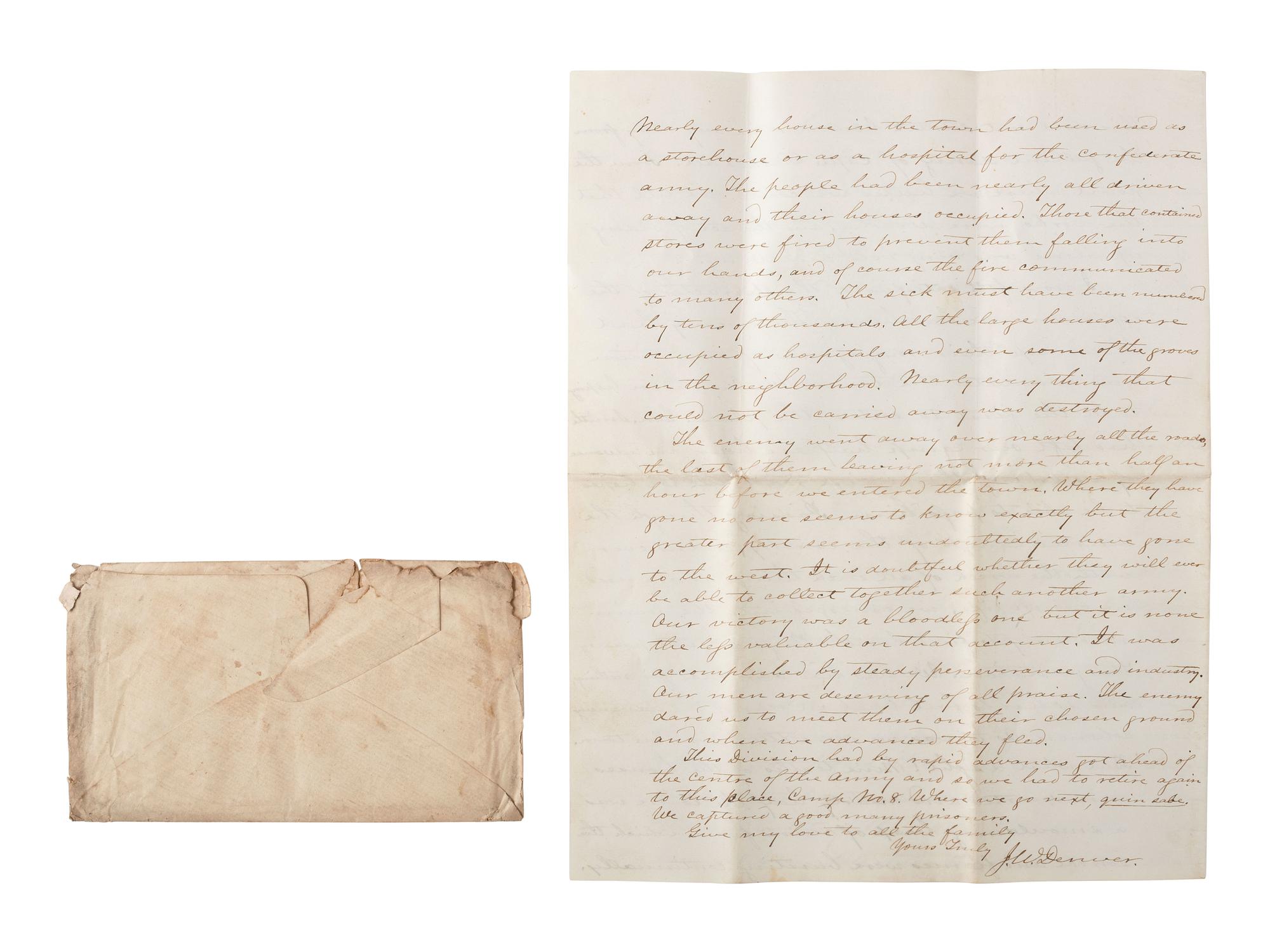 [CIVIL WAR]. DENVER, James W. (1817-1892). Autograph letter signed ("J.W. Denver") as brigadier general, describing the May 1862 siege and battle of Corinth. "Camp No. 8, near Corinth, Miss," 1 June 1862.