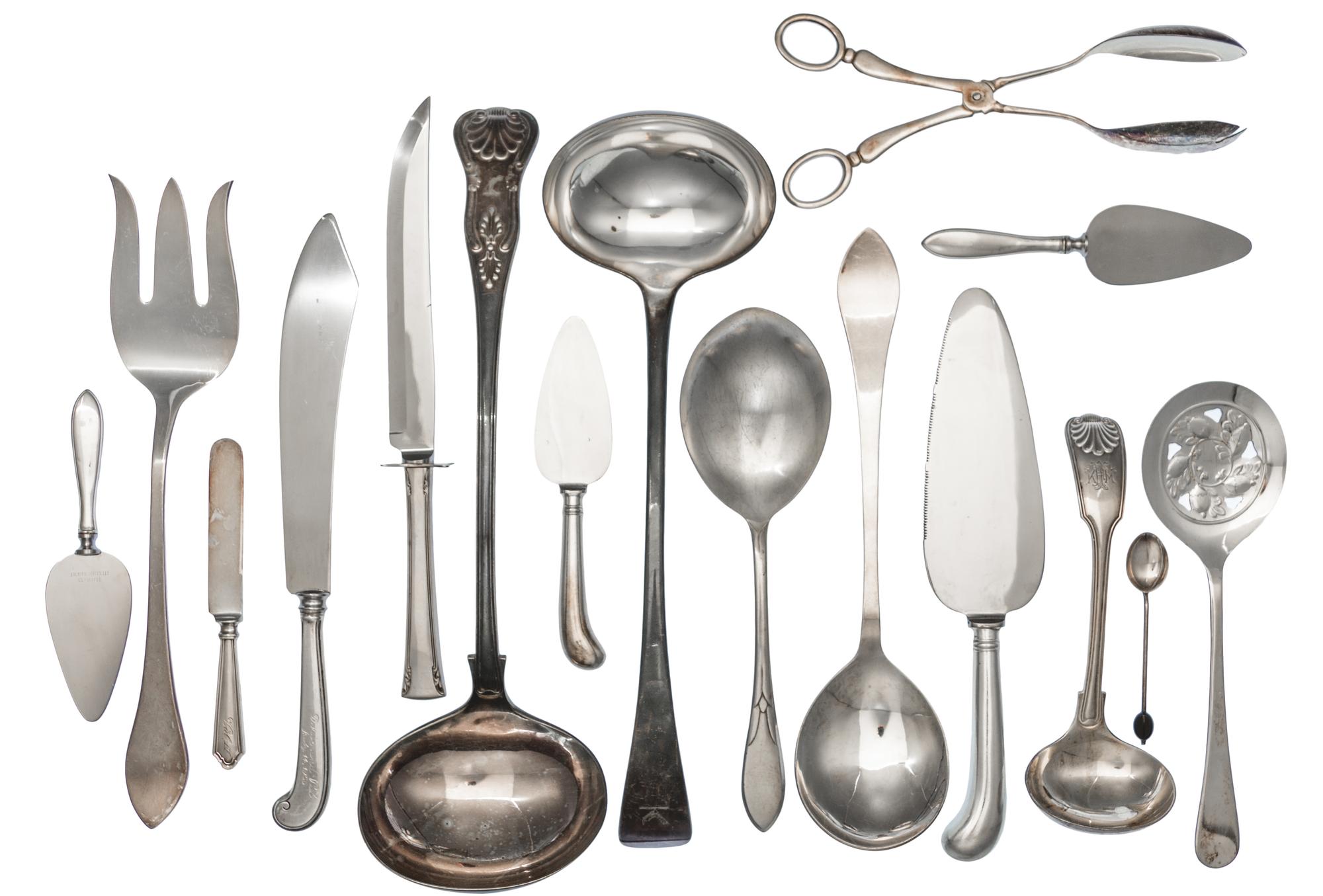 A Collection of Silver and Silver-plate Serving Articles, Various Makers, 20th Century, comprising: 3 serving tongs 3 cheese slices 2 b