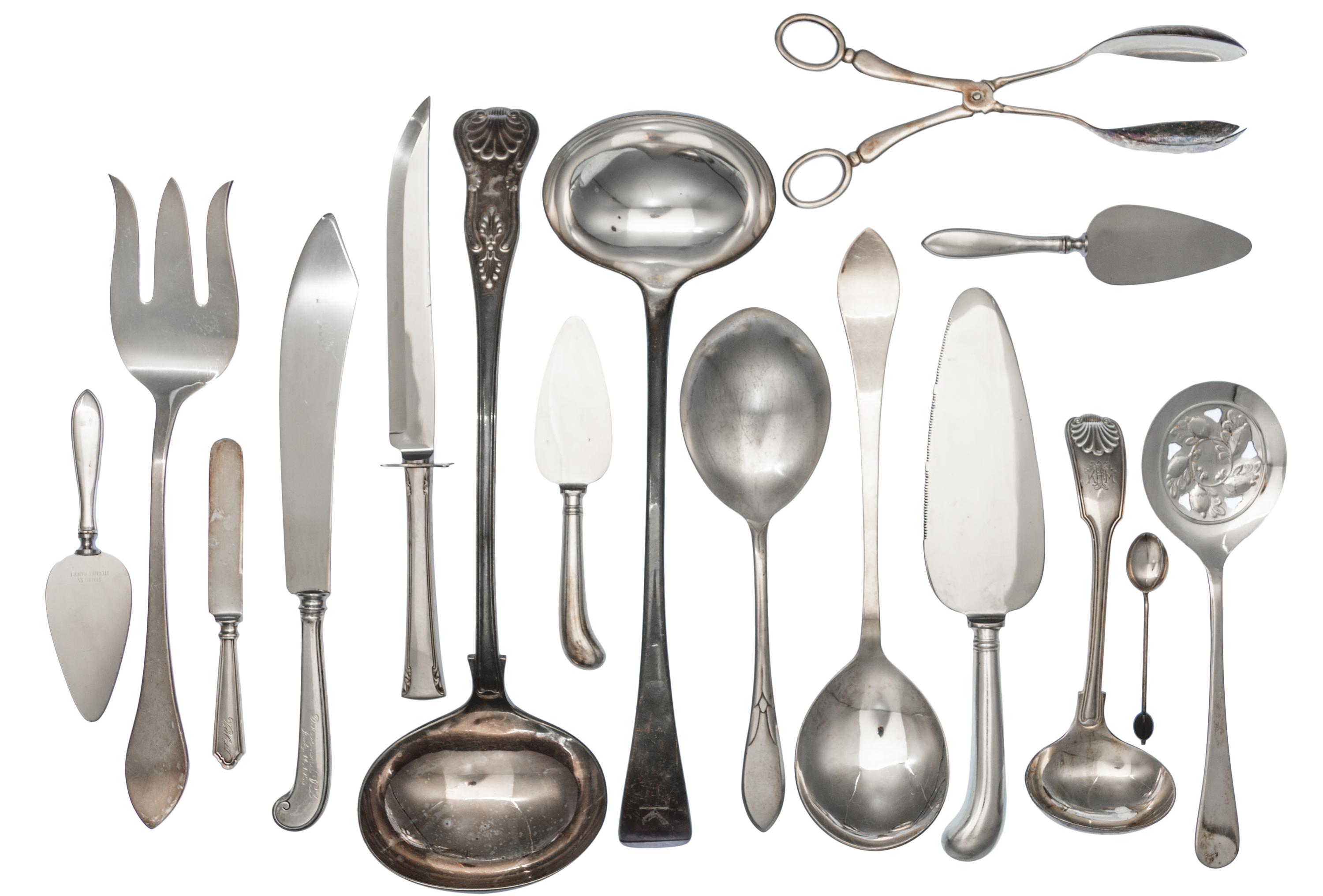 A Collection of Silver and Silver-plate Serving Articles, Various Makers, 20th Century, comprising: 3 serving tongs 3 cheese slices 2 b