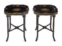 A Pair of English Tôle Trays on Later Stands