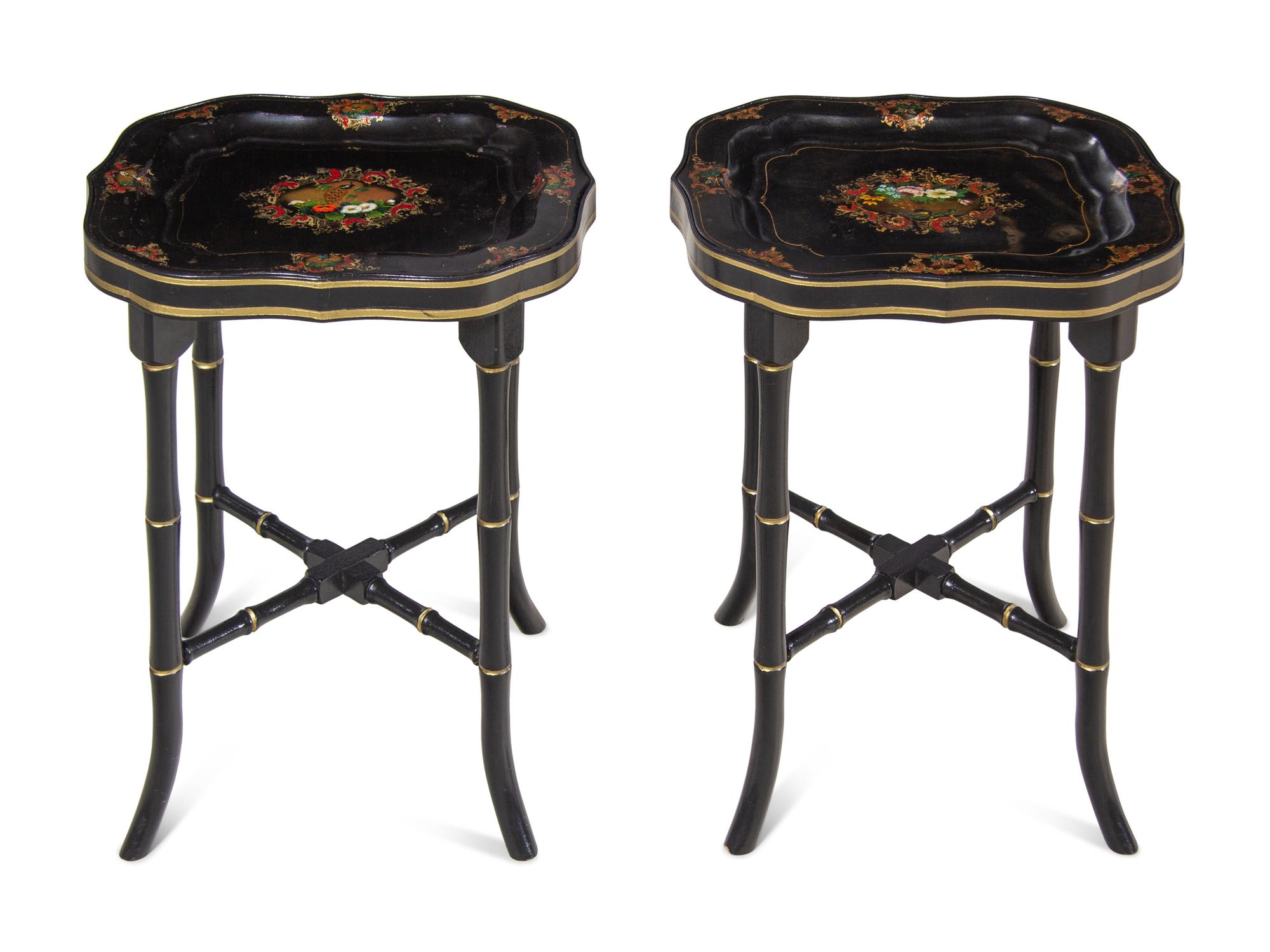 A Pair of English Tôle Trays on Later Stands
