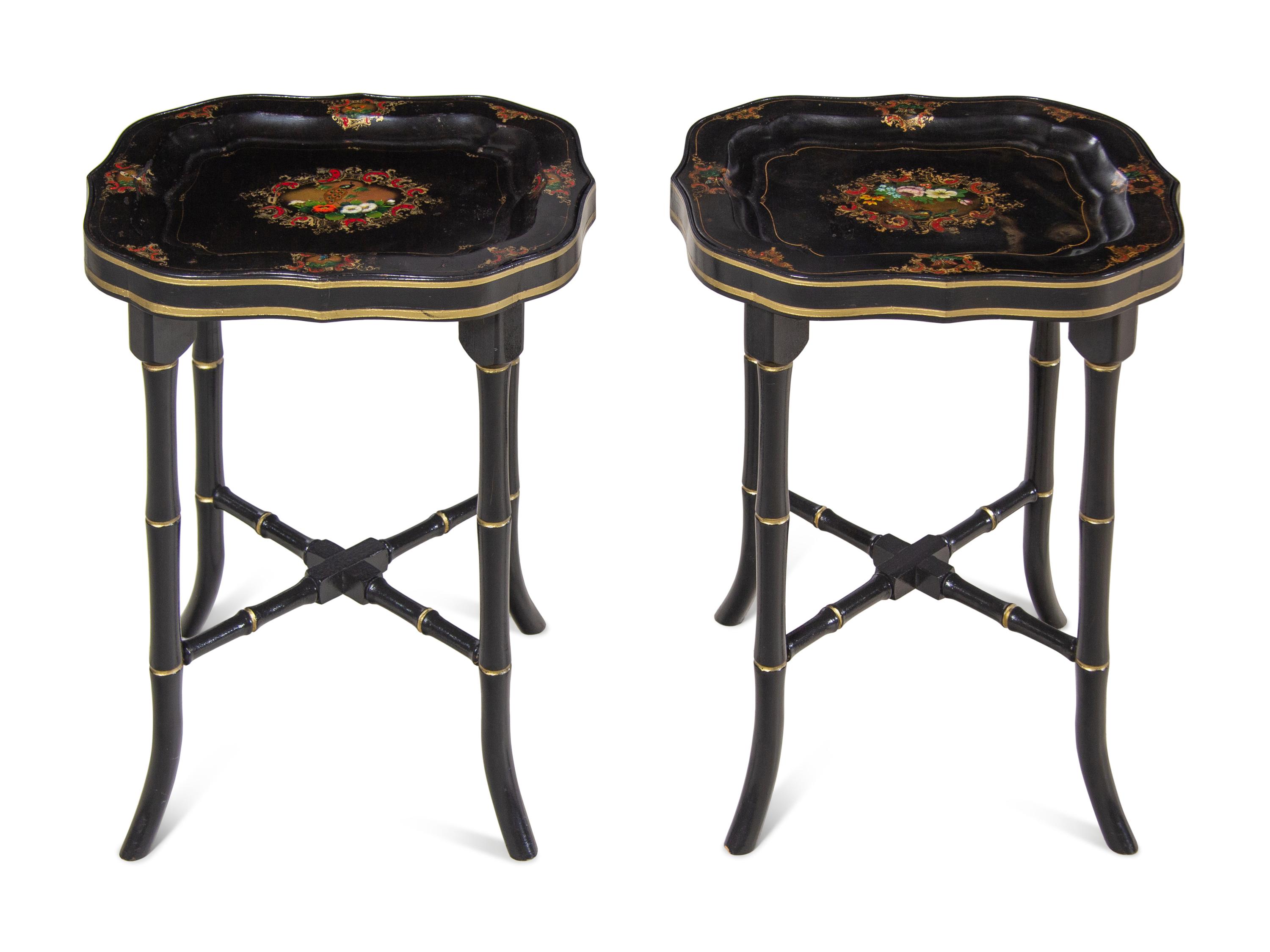 A Pair of English Tôle Trays on Later Stands