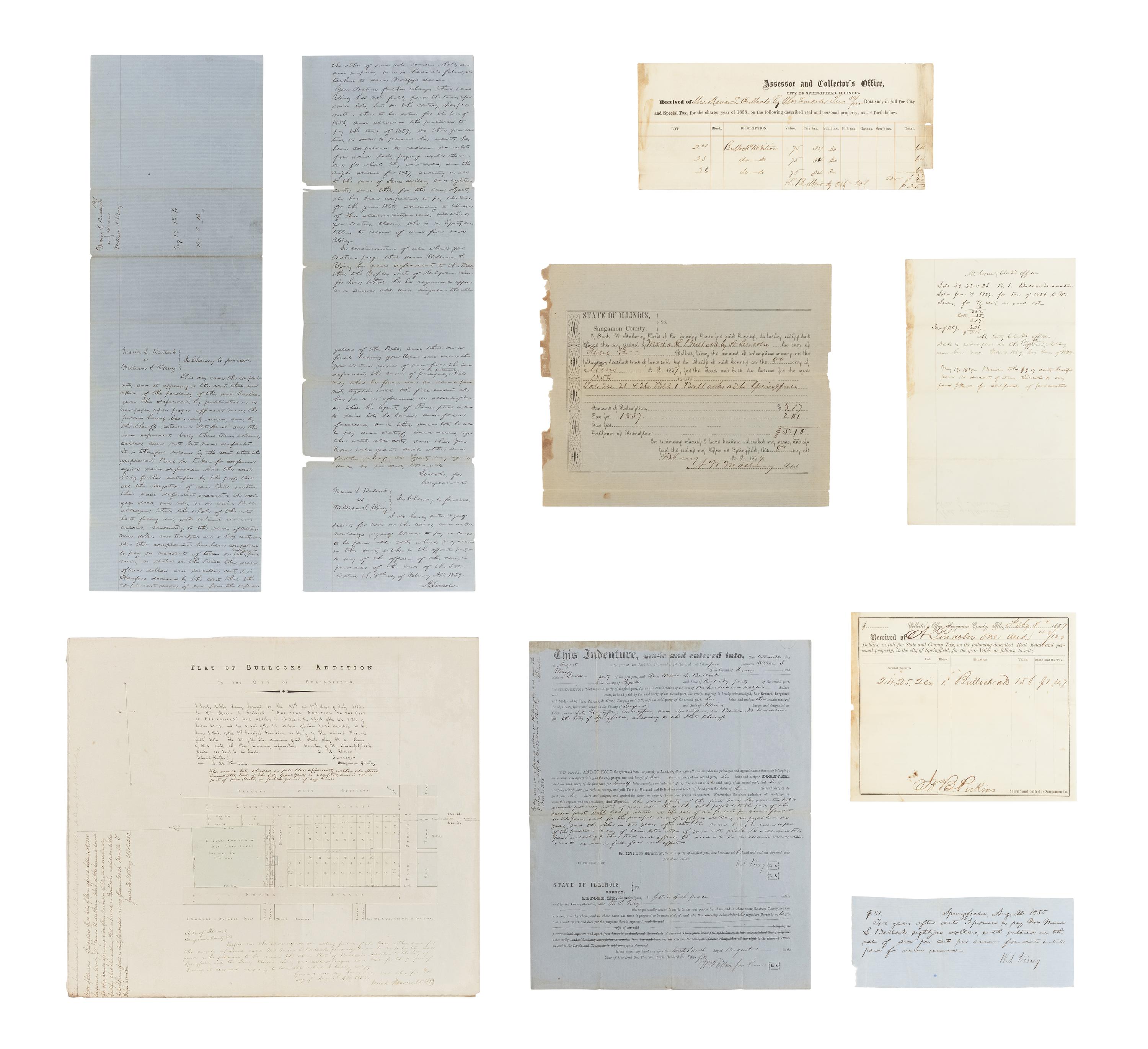 LINCOLN, Abraham (1809-1865). A small archive of 9 manuscript and partially printed documents relating to the Bullock Land Transaction, Springfield, Illinois, 1855-1859, comprising: