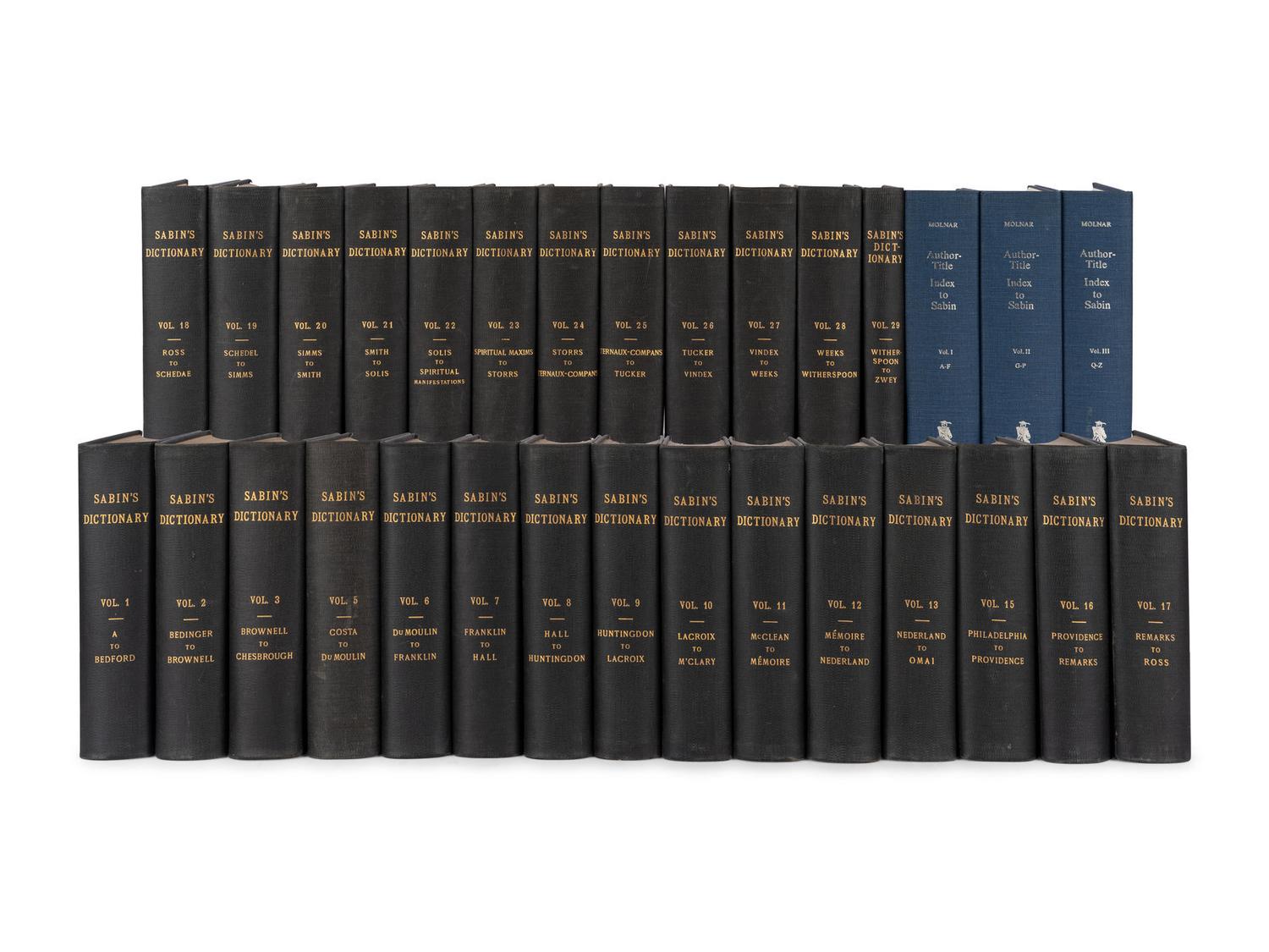 [AMERICANA - BIBLIOGRAPHY]. SABIN, Joseph (1821-1881). A Dictionary of Books Relating to America . R.W.G VAIL, editor. New York: Joseph Sabin, 1868-1936.