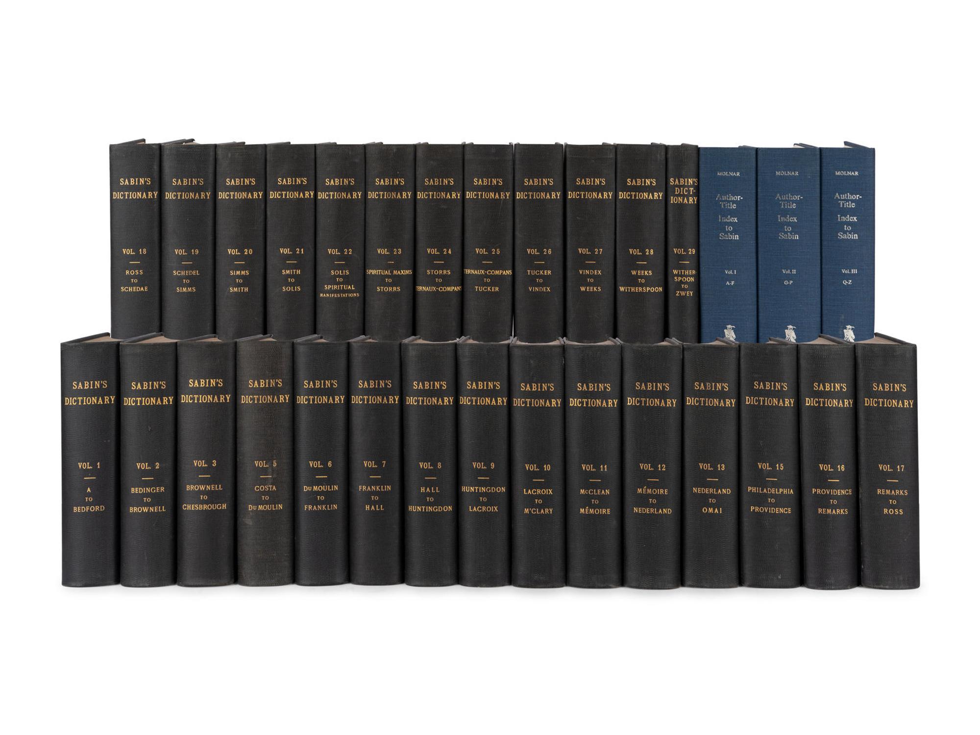 [AMERICANA - BIBLIOGRAPHY]. SABIN, Joseph (1821-1881). A Dictionary of Books Relating to America . R.W.G VAIL, editor. New York: Joseph Sabin, 1868-1936.