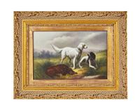 A German Hand-Painted Porcelain Plaque Depicting Three Spaniels