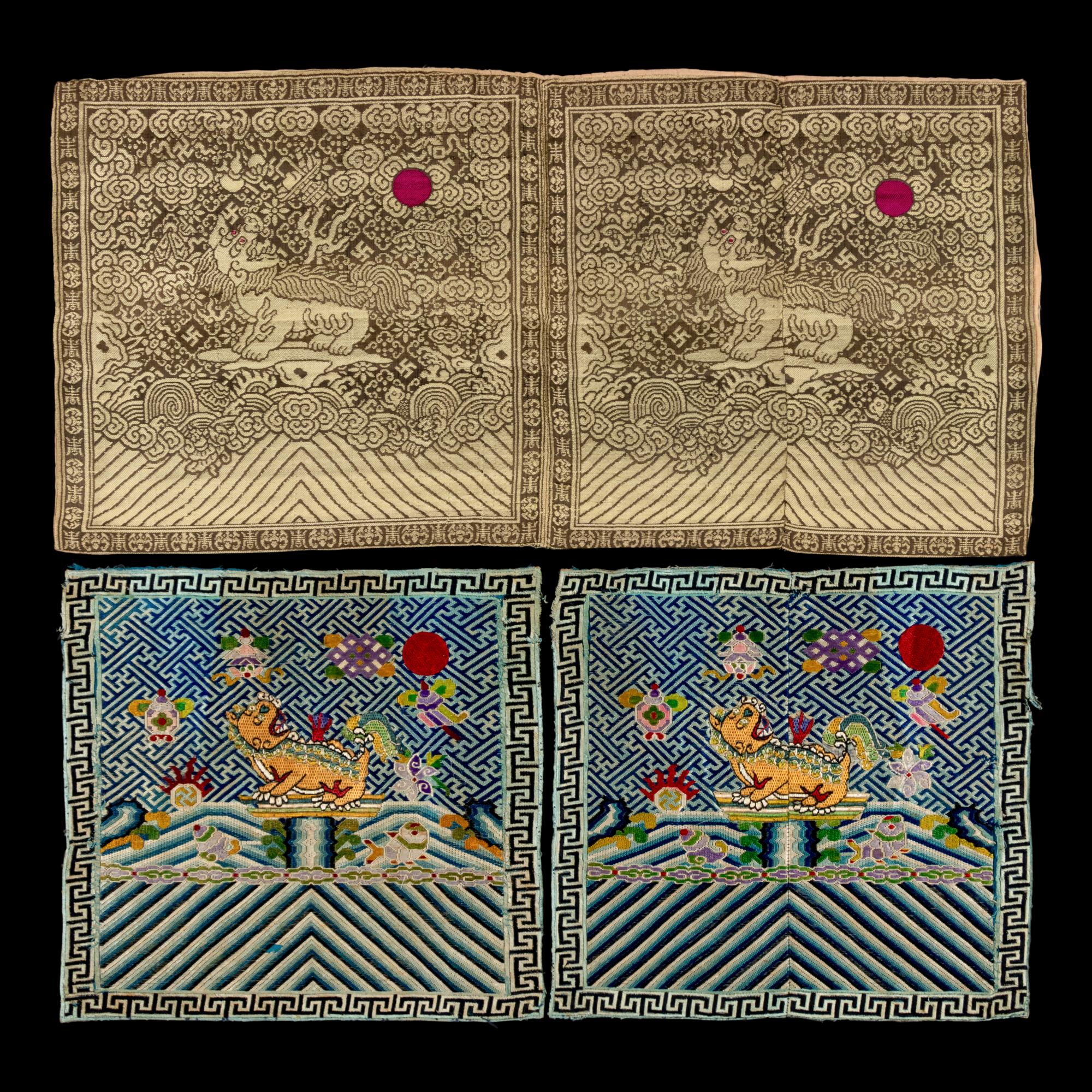 Two Pairs of Chinese Silk Brocade Military Rank Badges, Buzi, Late Qing Dynasty/Republic Period 晚清/民國 織錦武官補子兩對