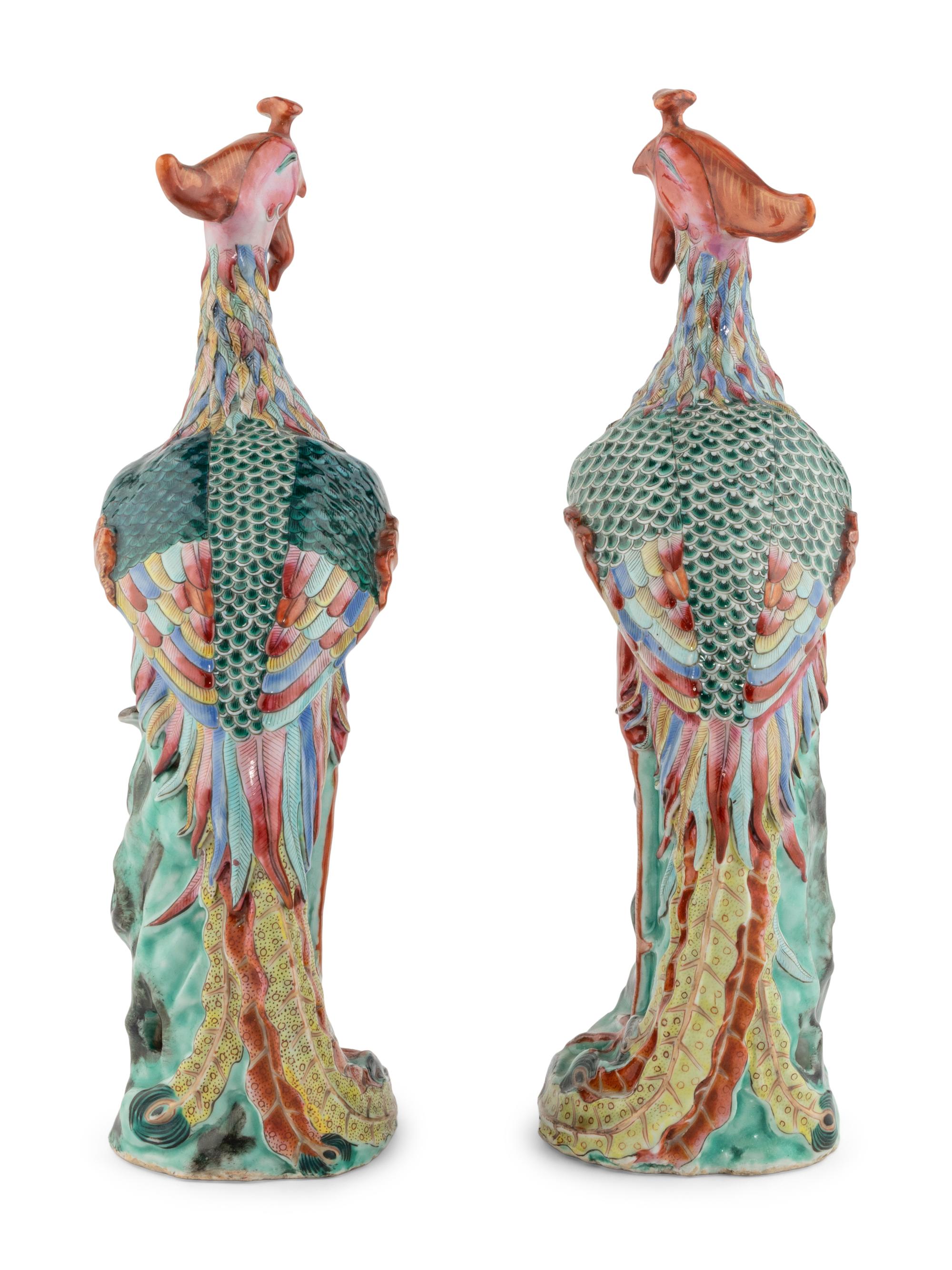 A Pair of Chinese Export Porcelain Phoenix Birds with Italian Giltwood Brackets