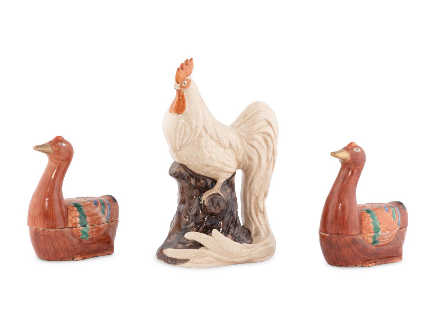 Three Chinese and Japanese Export Famille Rose Porcelain Figures of Birds